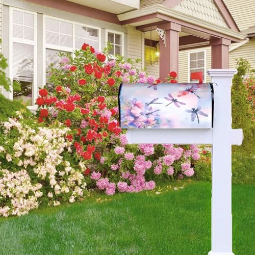 Image of Spring Flowers Dragonfly Mailbox Cover Magnetic Waterproof Mailbox Wraps Post Letter Box Decor 21x18 in