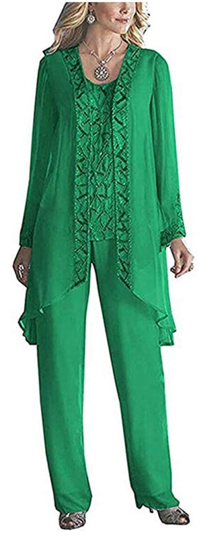 Mother of The Bride Dress Beaded Chiffon Outfit 3 Pieces Pant Suits Formal Evening Gowns Green