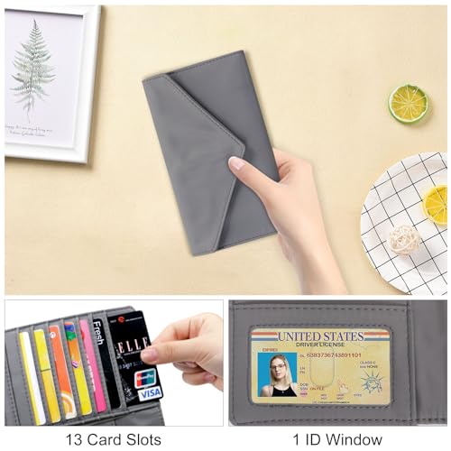 Envelope Card Wallet for Women and Men Ultra Slim Credit Card Case with Zip Coin Pocket 13 Card Slots 1 ID Window, Gray 6
