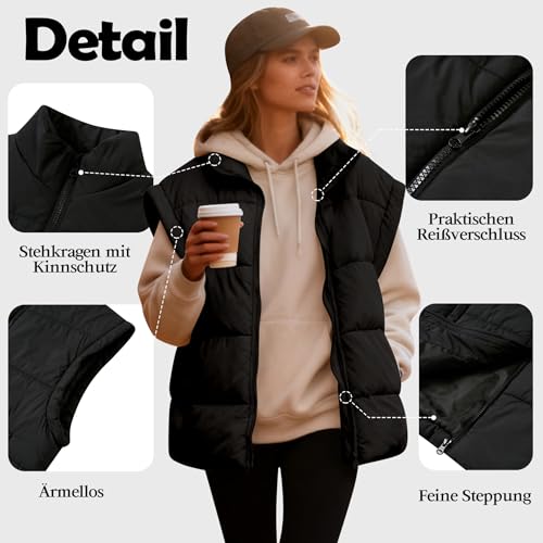 Rave on Friday Weste Damen Herbst Leichte Steppweste Stehkragen Ärmellos Westen Freizeit Warme Reißverschluss Übergangsweste Jacke Damenwesten Schwarz M