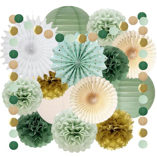 Décorations de Fête Vert Sauge, Crème Or Pompon Papier de Soie Guirlande, Éventail Papier, Verte Olive Ponpon, Decoration Anniversaire Vert Sauge pour...
