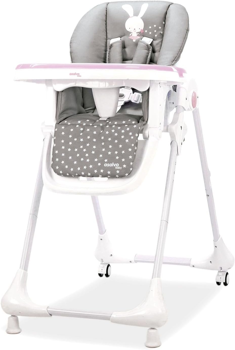 Trona CHEF con Ruedas para Bebé – Altura y Respaldo Reclinables, Bandeja Doble Extraíble, Arnés 5 Puntos, Plegado Compacto, Textil Lavable – Conejito Rosa Asalvo