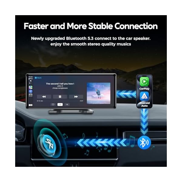 10.26" Wireless Apple Carplay Screen for Car, Secure Strong Bracket, Portable Apple CarPlay& Android Auto Car Stereo with GPS Navigation, Bluetooth, Mirror Link, Voice Control,Fits All Vehicles