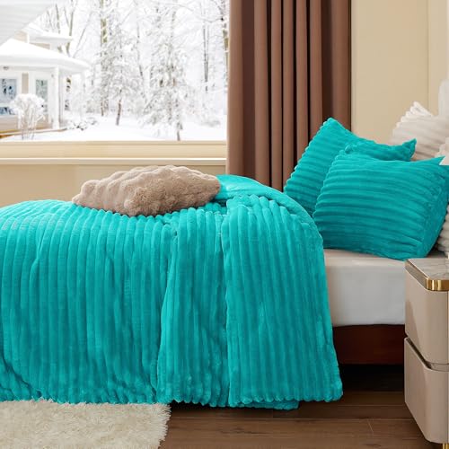 BEDELITE Fleece King Comforter Set -Super Soft & Warm Fluffy Teal Bedding, Luxury Fuzzy Heavy Bed Set for Winter with 2 Pillow Cases