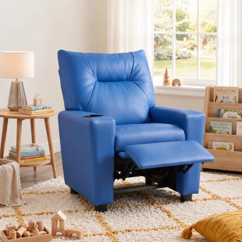 Image of 23 inch PU Leather Recliner Chair with Cup Holder and Recline, Blue