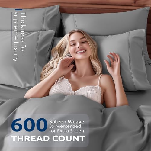 Shilucheng 100% Cotton Queen Size Duvet Covers - 600 Thread Count, Luxury Sateen Weave Egyptian Cotton Comforter Cover with Zipper Closure & Corner Ties,Hotel Bedding Duvet Covers 3 Piece (Grey)