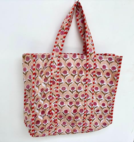 Image of Quilted Cotton Handprinted Reversible Large multicolor Floral Tote Bag,Hand Block Print Shopping Shoulder Carry Bag
