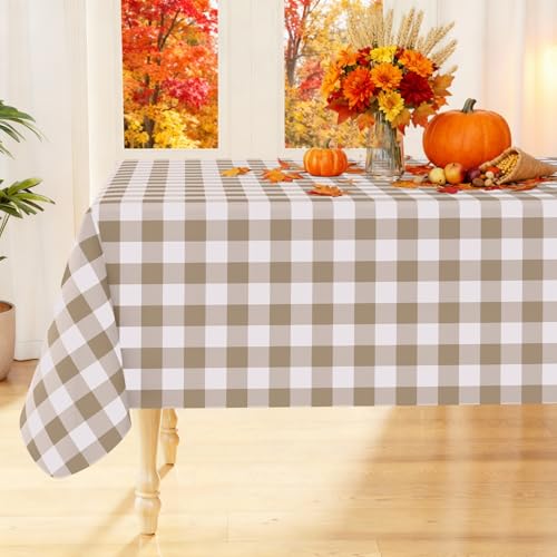 Smiry Rectangle Table Cloth, Waterproof Vinyl Tablecloths with Flannel Backing, Wipeable Buffalo Plaid Table Cover for Dining, Indoor and Outdoor (Khaki & White, 60