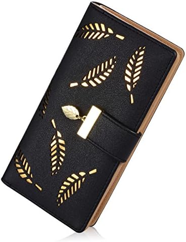 Women's Long Leaf Bifold Wallet Leather Card Holder Purse Zipper Buckle Elegant Clutch Wallet Handbag