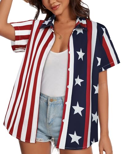 Image of Women Hawaiian Shirt Button Down Summer Tops Beach Short Sleeve Blouse