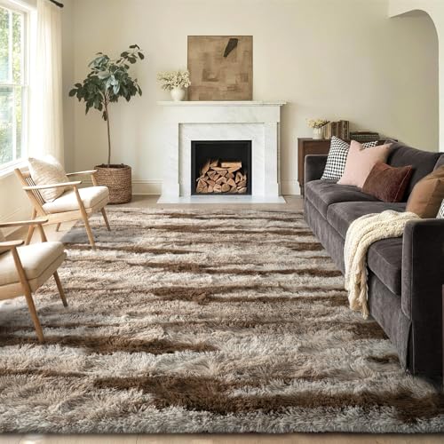 5x8 Non-Slip Fluffy Area Rugs For Living Room (Tie-dye Light Brown)