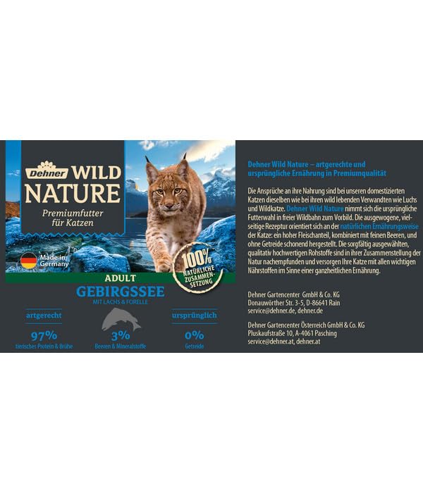 Dehner Wild Nature Katzenfutter Gebirgssee, Nassfutter getreidefrei, für ausgewachsene Katzen, Lachs / Forelle, 6 x 400 g Dose (2.4 kg)