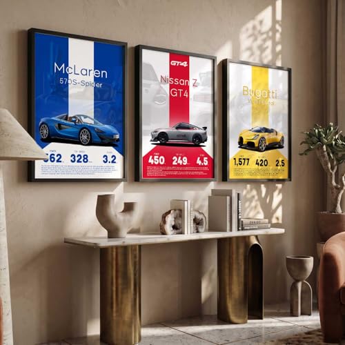 Image of walllane Big Nissan, McLaren, Bugatti Cars Framed Posters Gift Items for Boys Room Wall Decoration Bedroom Living Room Office Studio Decor | Car Poster Frame for Wall Decor Set Of 3 Size (13x17 inch)