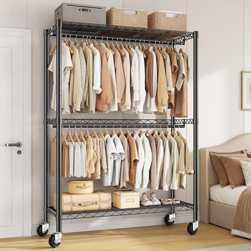 Klyvvo 90*40*200 Portant à Vêtement Double Barre avec Plateaux Réglables en Hauteur, Penderie Vêtement Dressing Charge Lourde 150kg, Portant Vêtement Solide à...