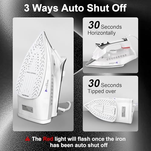 Image of Martisan Steam Iron for clothes, 1800W, Nano Ceramic Soleplate, Dynamic Steam Burst, Precise Thermostat for All Fabrics, Auto-off, Fast Heating, Self-Clean, 4-in-1 Iron, Anti-Drip, Anti-Calc