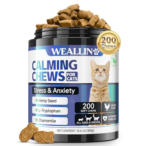 WEALLIN Premios Calmantes para Gatos, 200 Golosinas Naturales para Relajación, Ayuda contra Inquietud, Separación, Visitas al Veterinario, Viajes, Ruidos Fuertes, Pollo para Todas Las Razas