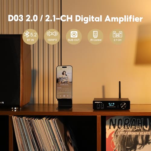 Image of AIYIMA D03 Bluetooth 5.0 Power Amplifier 150 Watt x 2 Stereo HiFi 2.1 CH Digital Sound Amplificador 24Bit /192kHz Class D Amp USB DAC Coaxial Optical OLED AptX, Support Subwoofer & with Remote (D03)