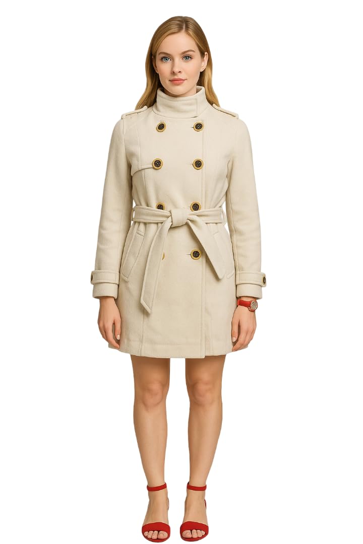 Classic Double-Breasted Belted Trench Coat, Cream, Wool Blend, Long Sleeve, High Neck, Winter Outerwear34 size only-image-15