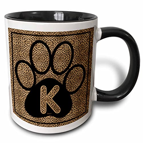 3dRose mug_25944_4 Letter K Standard Cheetah Print Cat Paw - Two Tone Black Mug, 11oz,...