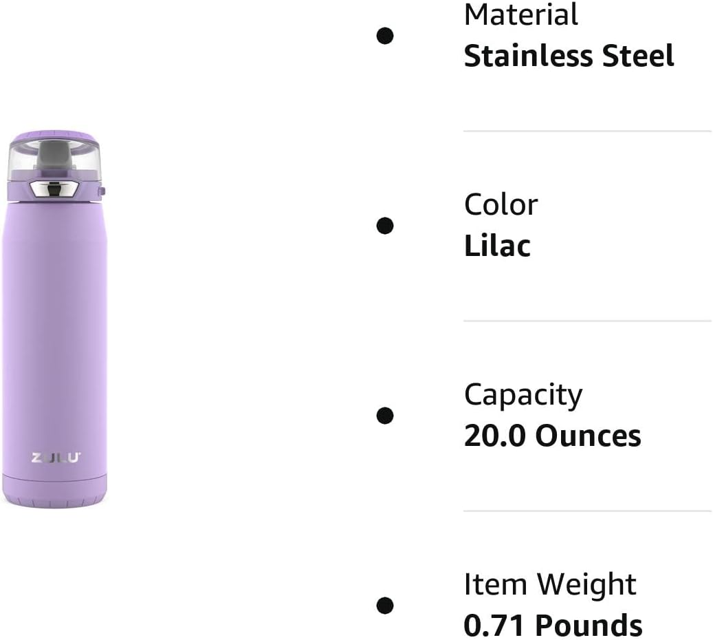 ZULU Swift Stainless Steel Vacuum Insulated Water Bottle with Antimicrobial Guardian Technology Silicone Straw, 20oz (Lilac) : Home & Kitchen
