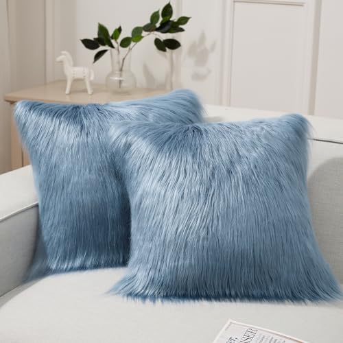Image of Phantoscope Pack of 2 Faux Fur Throw Pillow Covers Cushion Covers Luxury Soft Decorative Pillowcase Fuzzy Pillow Covers for Bed /Couch, Blue 26 x 26 Inches