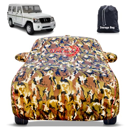 Image of Mahindra Bolero 2000-2010 Models All Models 100% Waterproof Car Cover for All Weather Protection Mirror & Inner Cotton Triple Stitched Cover, Adjustable Belt Bottom Elastic (Jungle Print)