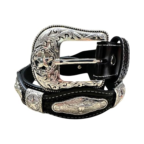 Leather Western Belts For Men Cowboy Concho Tooled Embossed Large Buckle High End Tooled Rodeo Hand Crafted