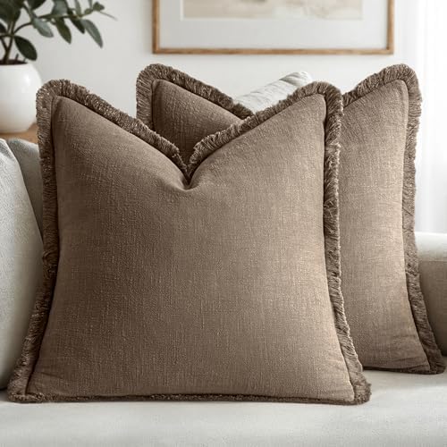 MIULEE Decorative Throw Pillow Covers Neutral Linen Fringe Throw ...