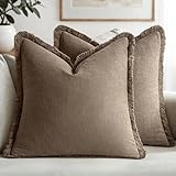 MIULEE Decorative Throw Pillow Covers Neutral Linen Fringe Throw Pillows Set of 2 Cocoa Brown Boho Farmhouse Cushion Covers for Couch Sofa Bed Living Room Spring Home Decor 18x18 Inch