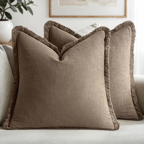 Image of MIULEE Decorative Throw Pillow Covers Neutral Linen Fringe Throw Pillows Euro Shams Set of 2 Cocoa Brown Boho Farmhouse Cushion Covers for Couch Sofa Bed Living Room Fall Home Decor 24x24 Inch