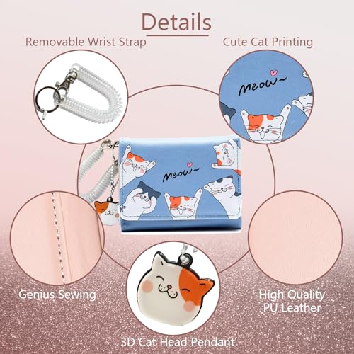 Small Womens Wallet, Cute Cat Tri-Folded Girls Wallet Slim Kawaii Wallet for Teens, Fashion Small Wrist Wallet with Cash Pocket Card Holder ID Window (Cat Blue)4
