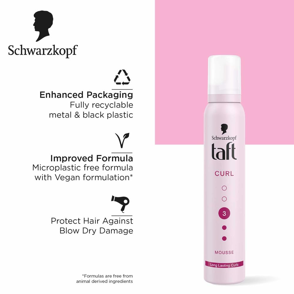 Schwarzkopf TAFT Curl Hold 3 Hair Mousse, For Long Lasting Curls, Weather-Proof Formula With No Stickiness, Heat Protection And Shine, Silicone Free, Lightweight Styler To Controls Frizz, 200Ml - Image 8 thumbnail