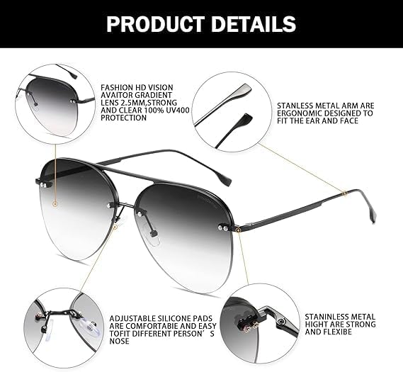 Vanolu Retro Rimless Women Aviator Sunglasses Classic Lady Oversized Sun Glasses black Gradient Mirrored Lens Bold Shades image 3