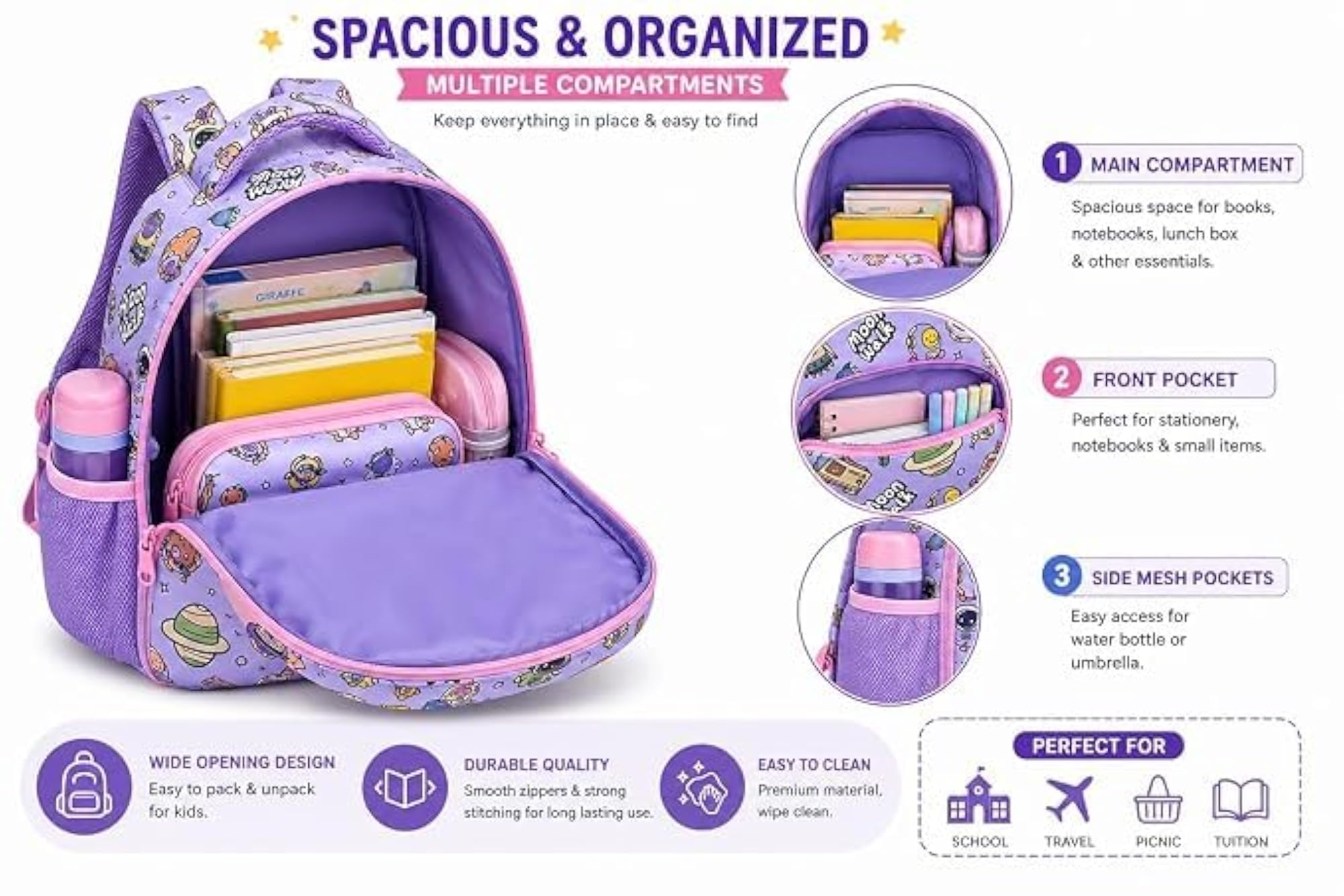 Cute Space Rocket Kids Backpack, Purple