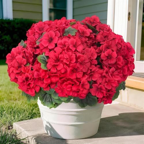 8 Pcs Artificial Geraniums Flowers for Outdoor Spring Summer Decor - UV-Resistant & Realistic Silk Faux Plants for Garden Porch Patio Yard Balcony Home Kitchen Table Centerpieces Decoration, Red