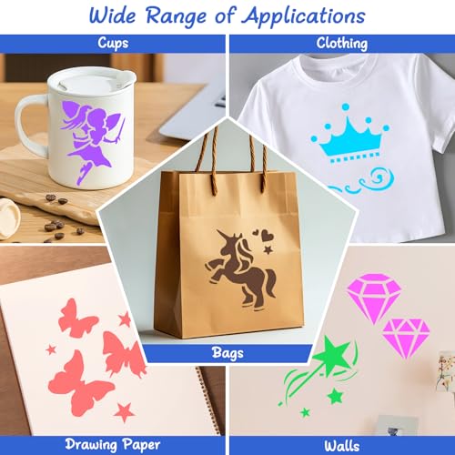 Yonality 8 stück schablonen malen für kinder, 15x15cm schablonen set mit feen, wiederverwendbar cartoon malschablonen aus kunststoff, für DIY handwerk scrabooking wanddekoration textilgestaltung