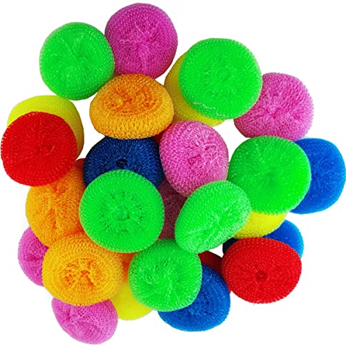 NSBELL 30PCS Plastic Dish Scrubbers for Dishes Plastic Pot Round Scrubber Scouring Pad Nylon Dish Scrubber Poly Mesh Scouring Dish Pads Non Scratch Scrubbers