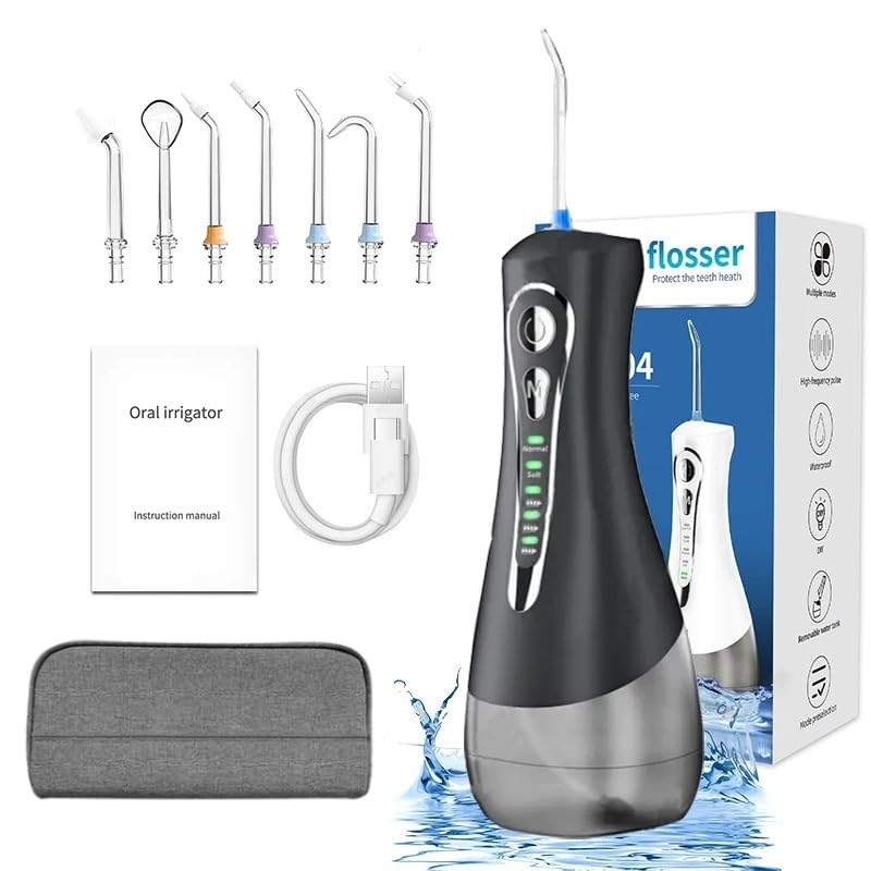 Water Flosser Portable IPX7 Waterproof Rechargeable 320ml Cordless Oral Irrigator, 4 Modes (Black)