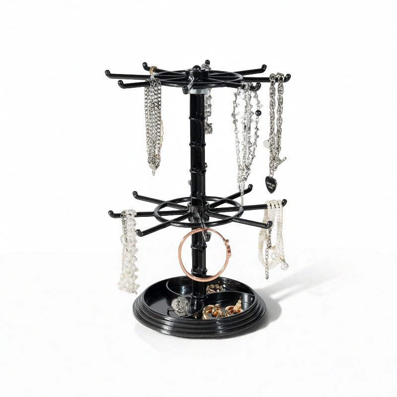 Cchenxxi 2 Tier Rotating Jewelry Display Stand Necklace Holder Jewelry Tree Stand DIY Organizer for Bracelets Necklaces Earrings Rings Watches (Black)