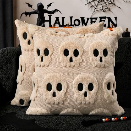 DFXSZ Halloween Pillow Covers 18x18 inch Set of 2 Beige Skeletont Halloween Decorations Soft Plush Faux Fur Wool Couch Cushion Case for Chair Sofa Bedroom Living Room Home Decor PTK04C18