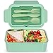 Lunch Box-Leakproof Bento Box dla dzieci dorosłych- Pojemnik na żywność z 3 przedziałami i zestawem sztućców-GReen-BPA Free-Lunchbox z łyżeczką widelce, mikrofalówka i zmywarka Bezpieczne pojemniki do