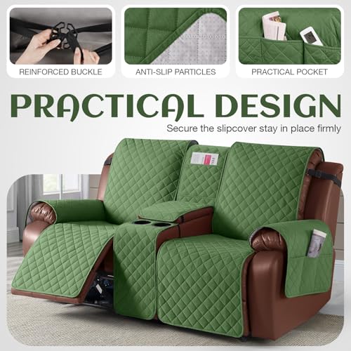 Image of KinCam 100% Waterproof Recliner Loveseat Cover with Console, Non-Slip Reclining Couch Covers for 2 Seat, Recliner Sofa Cover Furniture Protector with Elastic Straps for Kids, Pets, Vine Green