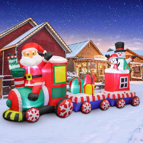 8 FT Christmas Inflatable Train with Santa Claus Snowman Penguin Gift Boxes Xmas Blow Up Yard Decors with Built-in Led Lights Lovely Train Carriage for Holiday Display Lawn Garden Party Decor
