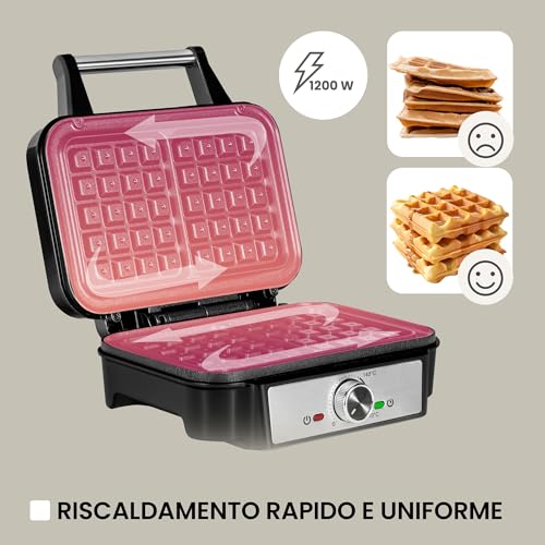 ZEEGMA GOFREE CHEF Macchina per Waffel Potenza Elevata 1200 W Per Waffel belgi, Doppio Rivestimento Antiaderente, Regolazione Temperatura, Spia Pronto all'Uso, Waffel Spessi Piastre profonde - immagine 4
