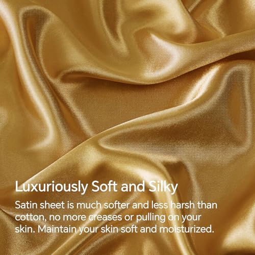 BEDELITE Satin Fitted Sheet and Pillowcases Set, Luxury Soft Similar to Silk Bottom Bedsheet with Elastic Corner Straps, Deep Pocket up to 15 Inch, 1 Fitted Sheet and 2 Pillowcases(Queen, Gold)