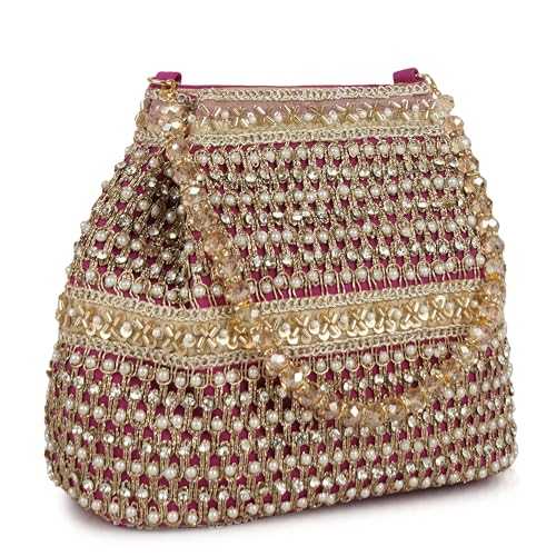Image of Nevis Silk Fabric Premium Pearl & Crystal Embroidered Potli Bag for Women | Ethnic Bridal Clutch with Golden Handle | Party & Wedding | Potli Bag