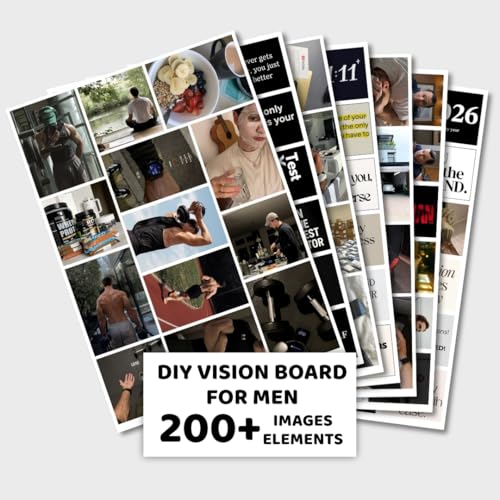 Image of Manifestation Poster for Men | 2026 Vision Board Supplies (200+ Elements, 12 A4 Sheets, A4 Board with Hook) Aesthetic | Life Goals Quotes Motivational Poster | Manifest Dream Life for Wall | Boy Vision Board Kit