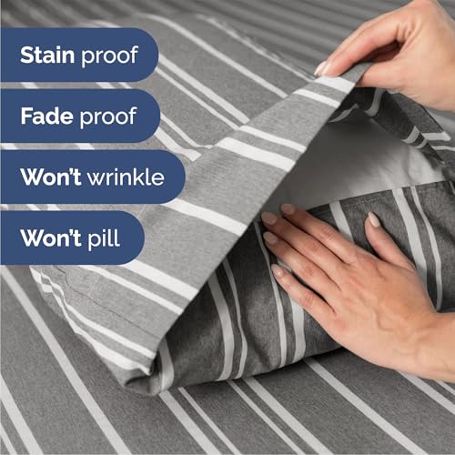 Image of Queen 6 Piece Bed Sheet Set - Breathable & Cooling Sheets - Grey Stripes