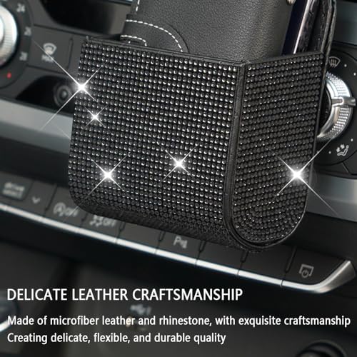 Image of Salior Car Vent Storage Organizer,Bling Car Accessories for Women or Man,Rhinestone Car Vent Leather Pocket,Multipurpose Car Storage /Car Sunglass Holder /Car Coin Holder for Car (Black)