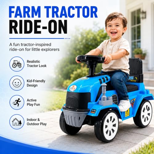 Image of Farm Tractor Ride On Toy for Kids 2-5 Years, Foot-to-Floor Manual Ride On with Comfortable Backrest, Easy-Grip Steering Wheel, Wide Wheels, Indoor & Outdoor Ride On Toy for Boys & Girls